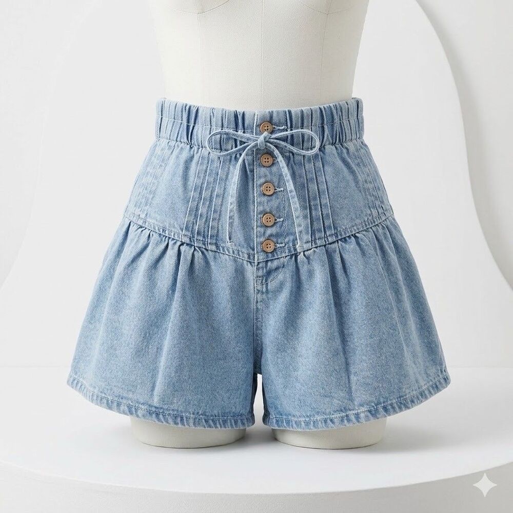 SO ME Denim Shorts Button Pleated Front Jean Casual XL Boho Mod Beach Hippie Y2K